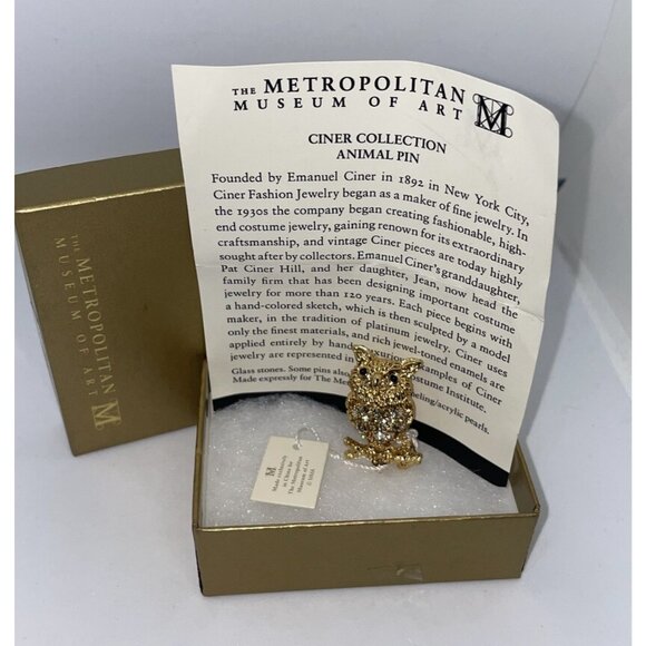 Vintage CINER MMA Gold-Toned Animal Owl Brooch Pin Rhinestones Box/papers